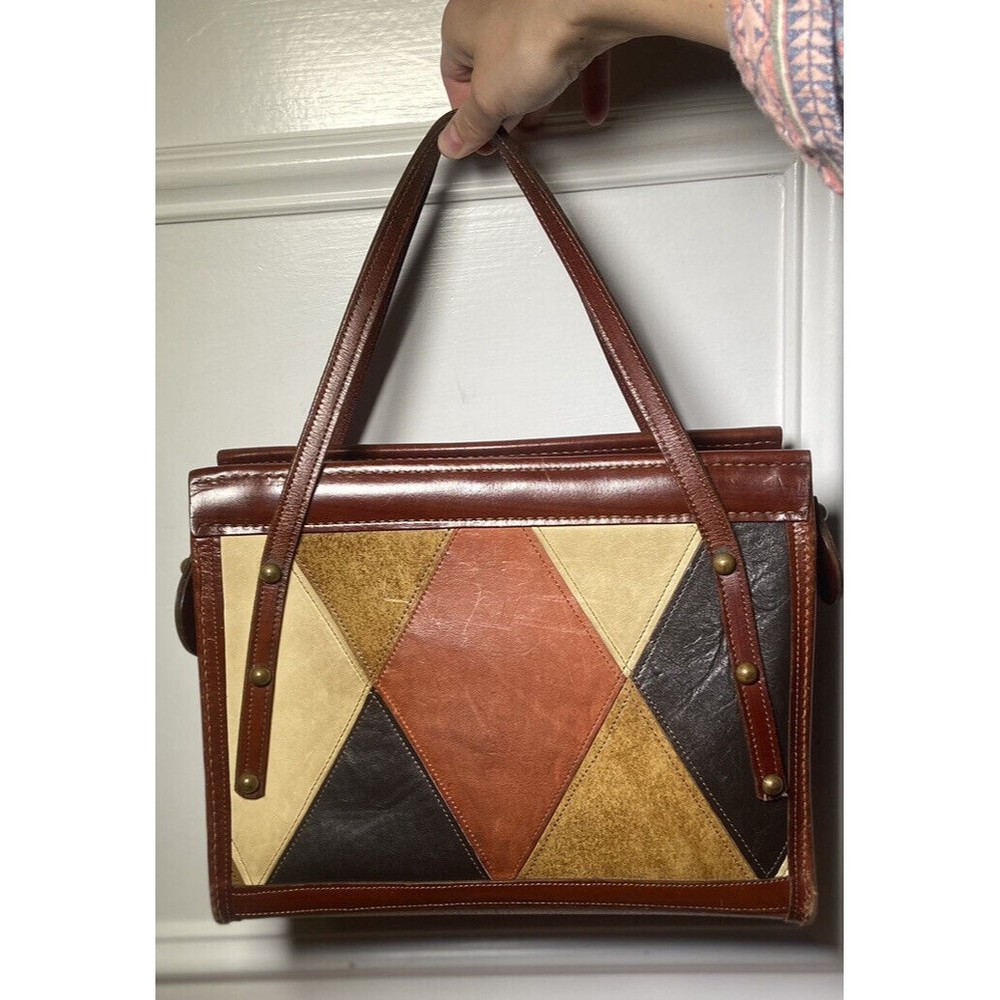 70s Vintage Satchel Unbranded Retro Diamond Pieced Leather Top Handle Handbag